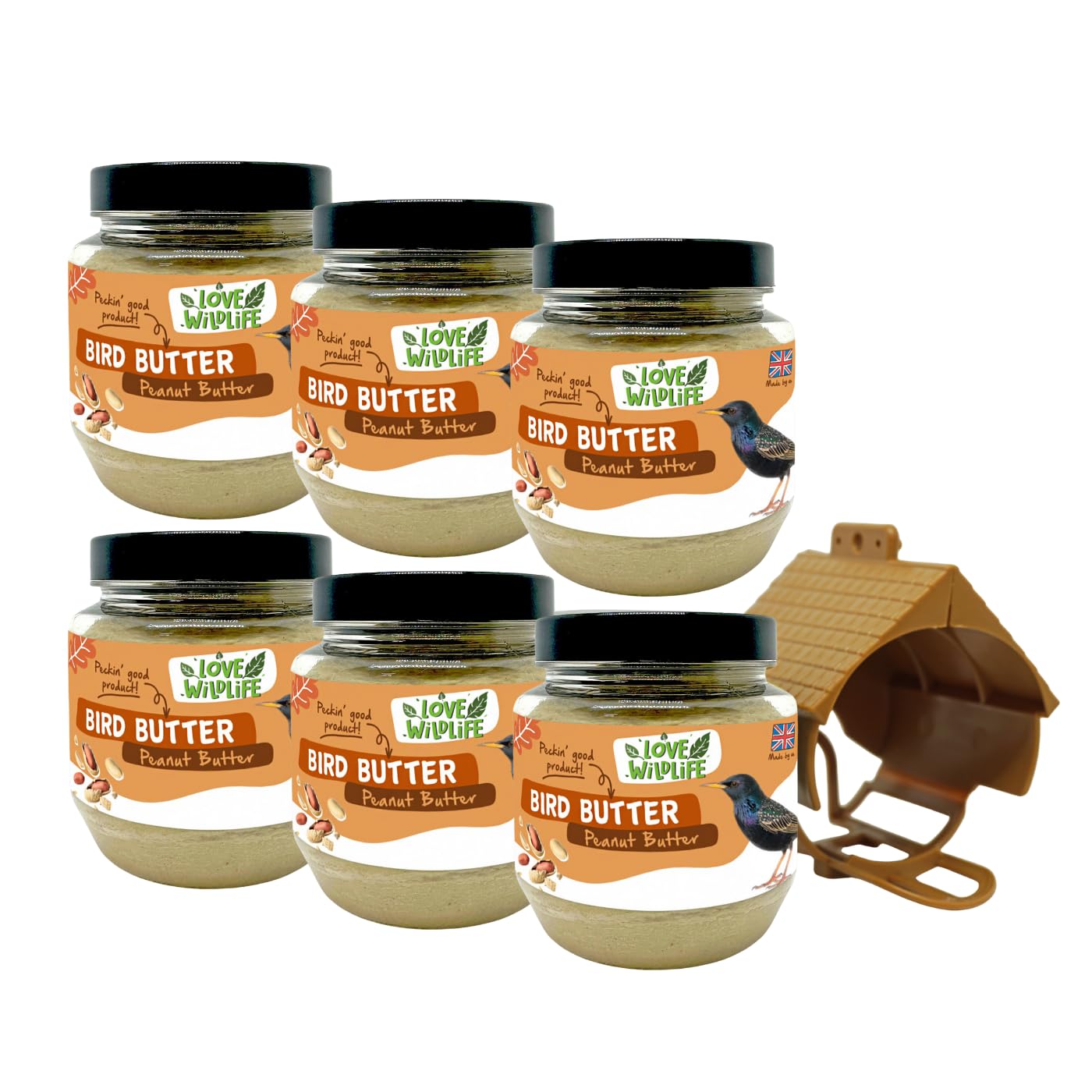 Love Wildlife Peanut Butter Bird Butter 6 x 375g with Feeder | High Energy Food for Wild Garden Birds, Premium High Protein Suet, All Natural Ingredients, Ideal for All Year Round Feed