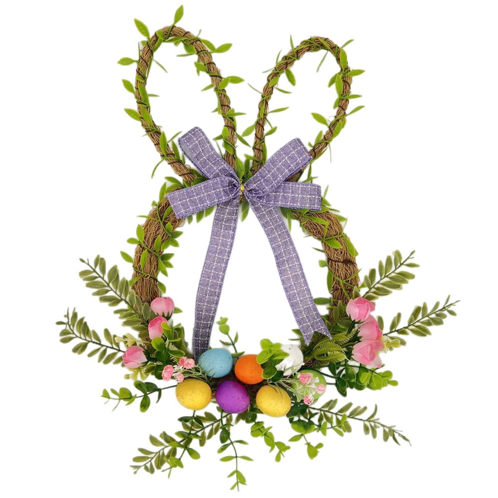 Ginwrek Easter Door Wreath Easter Wreaths for Front Door, Purple Bow Bunny Wreath with Floral Eggs, Decorations for Indoor Home