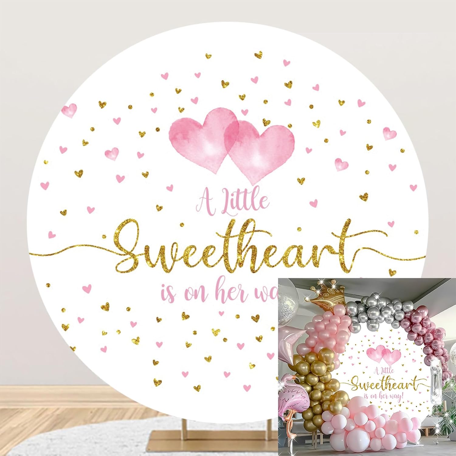 Polyester Diameter 7ft Round Baby Shower Backdrop for Girls Pink Gold Heart Photography Background a Little Sweetheart Girl is on Her Way Princess Baby Shower Cake Table Decoration