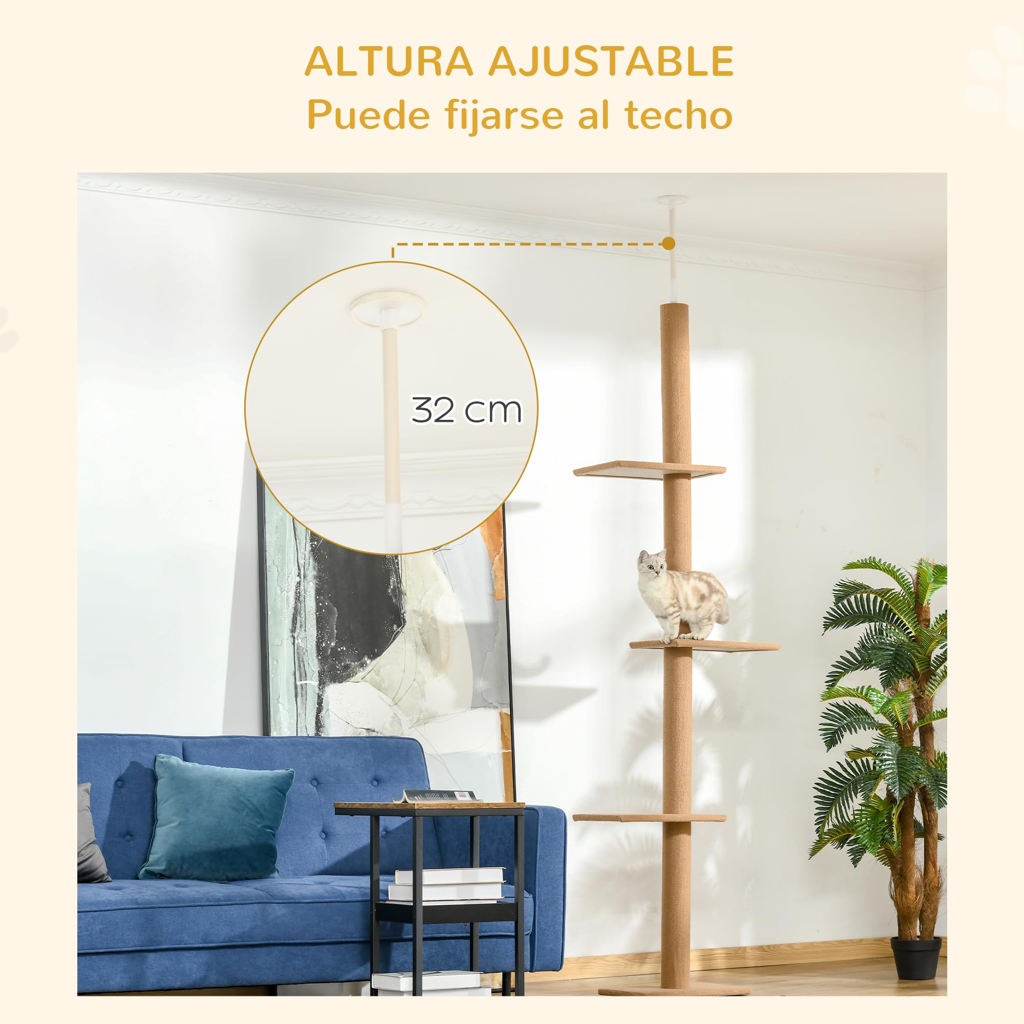 PawHut Árbol para Gatos del Suelo al Techo 43x27x228-260 cm Marrón | Torre para Gatos, Altura Ajustable, 4 Plataformas Espaciosas, Poste de Sisal