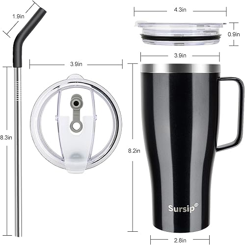 Miniatura 8 de Sursip Vaso aislado de 32 onzas con asa y tapa con pajilla taza de acero inoxidable al vacío mantiene las bebidas fríascalientes apto para