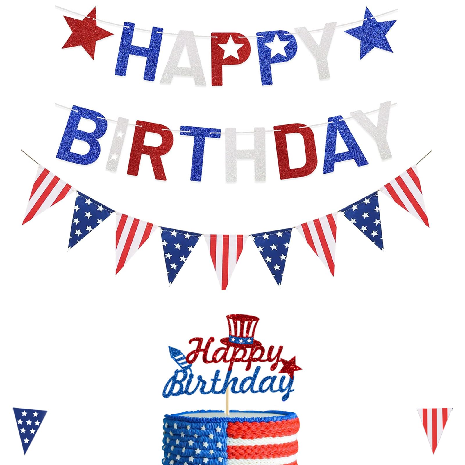 Guirnalda de banderines de bandera de cumpleaños del 4 de julio, estrellas americanas, banderas, banderines triangulares de Estados Unidos, guirnalda de estrellas rojas, blancas y azules para
