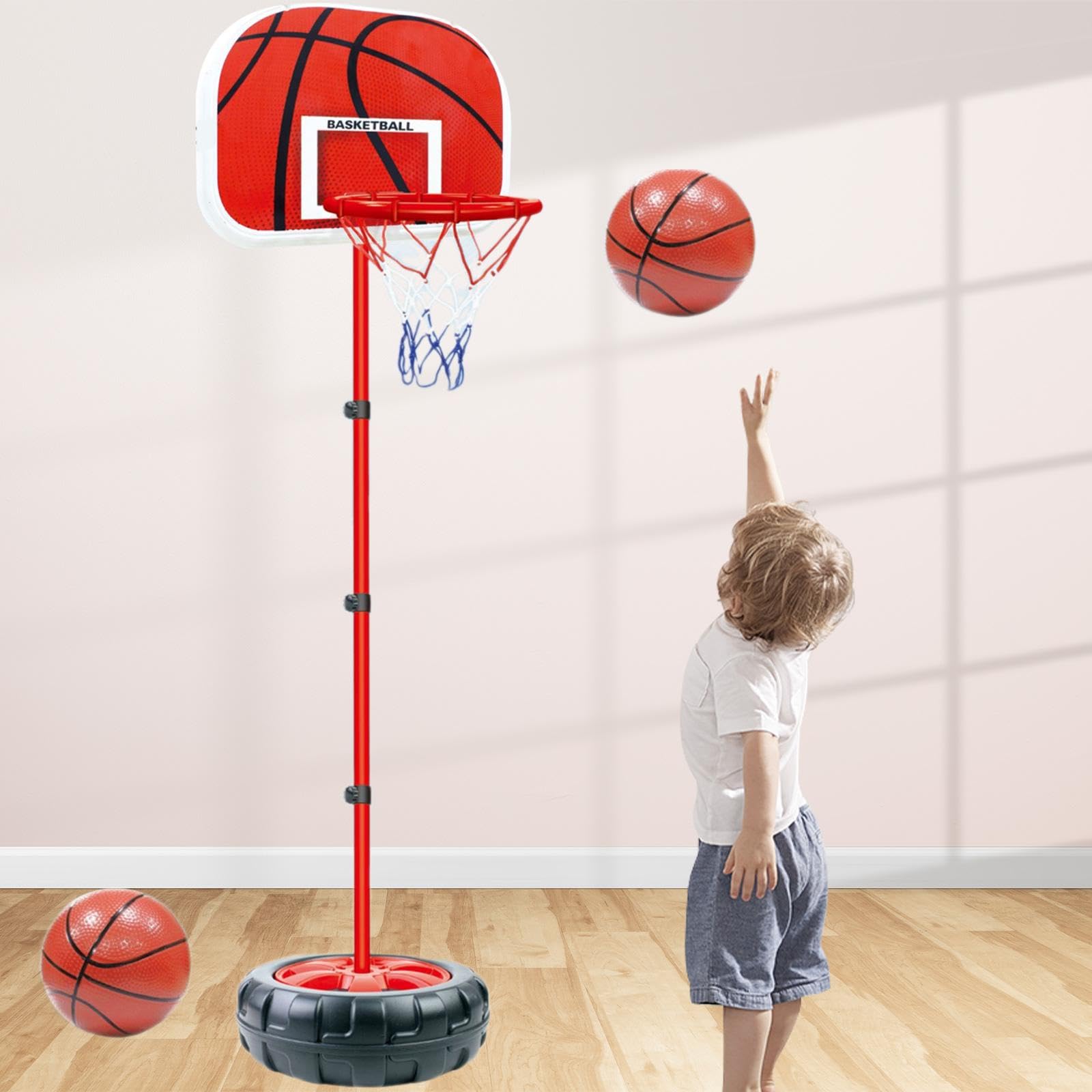 Aro de Baloncesto Infantil Ajustable Juego de Basketball para Niños Soporte Portátil con Bomba Juguete Interactivo Adecuado para Casa Oficina Patio Re