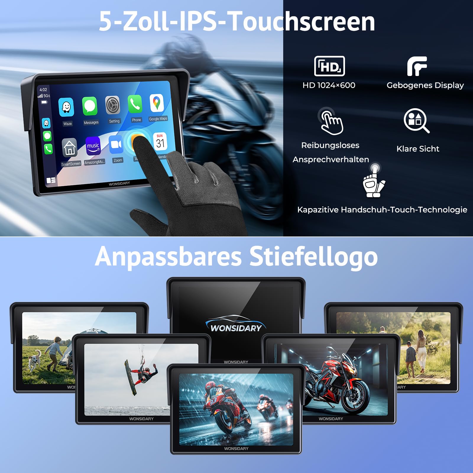 Kabelloses Motorrad CarPlay kompatibel mit Apple CarPlay & Android Auto,W522 5 Zoll IP67 Wasserdicht Touchscreen mit Dual Bluetooth,GPS Navigation,Sprachsteuerung,Equalizer,USB/Acc Stromversorgung