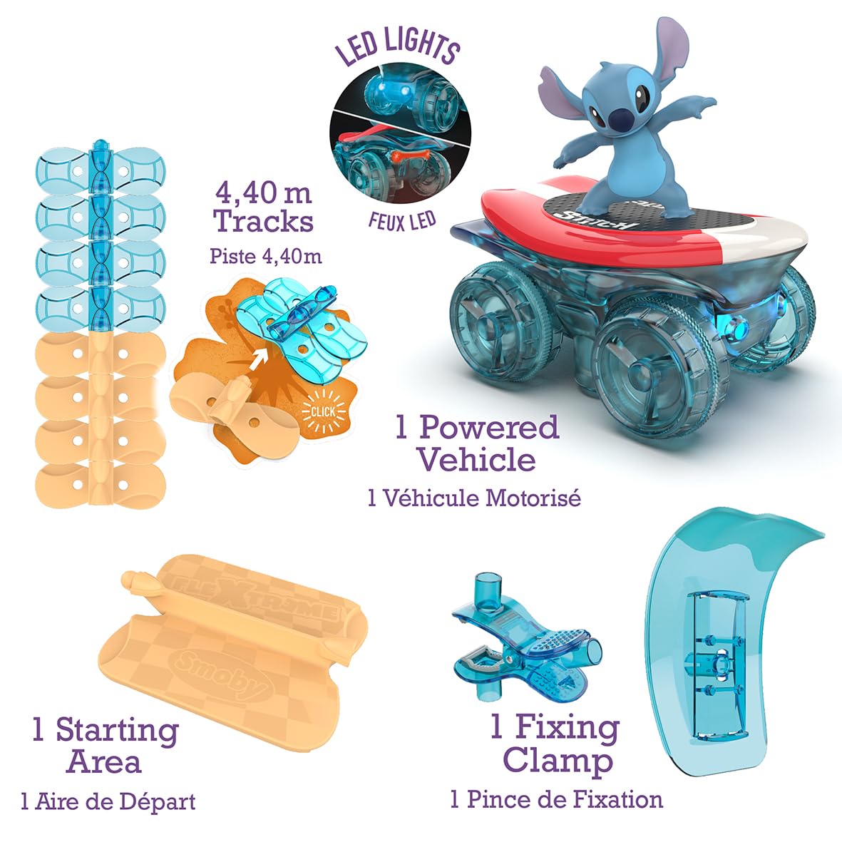 Smoby - Stitch - FleXtreme - Circuito de Coches de 4,40 Metros - 184 Pistas Flexibles y Modulares + 1 Vehículo Stitch con Efectos de Luz - Pilas Incluidas - A Partir de 4 Años