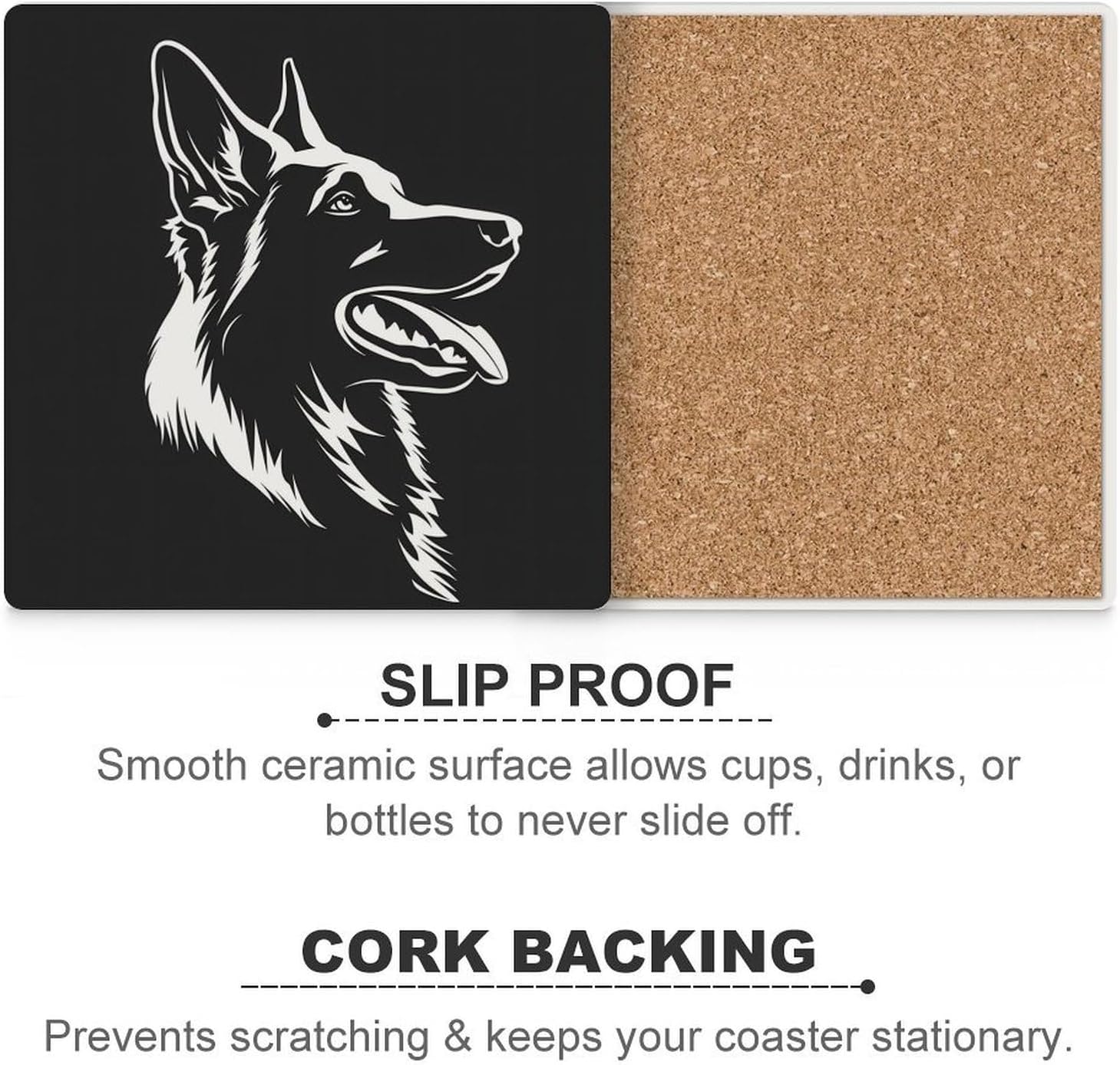 Black German Shepherd Coaster for Drinks Square Ceramic Table Coasters Stone Mat Crafts 6PCS Home Kitchen Decor