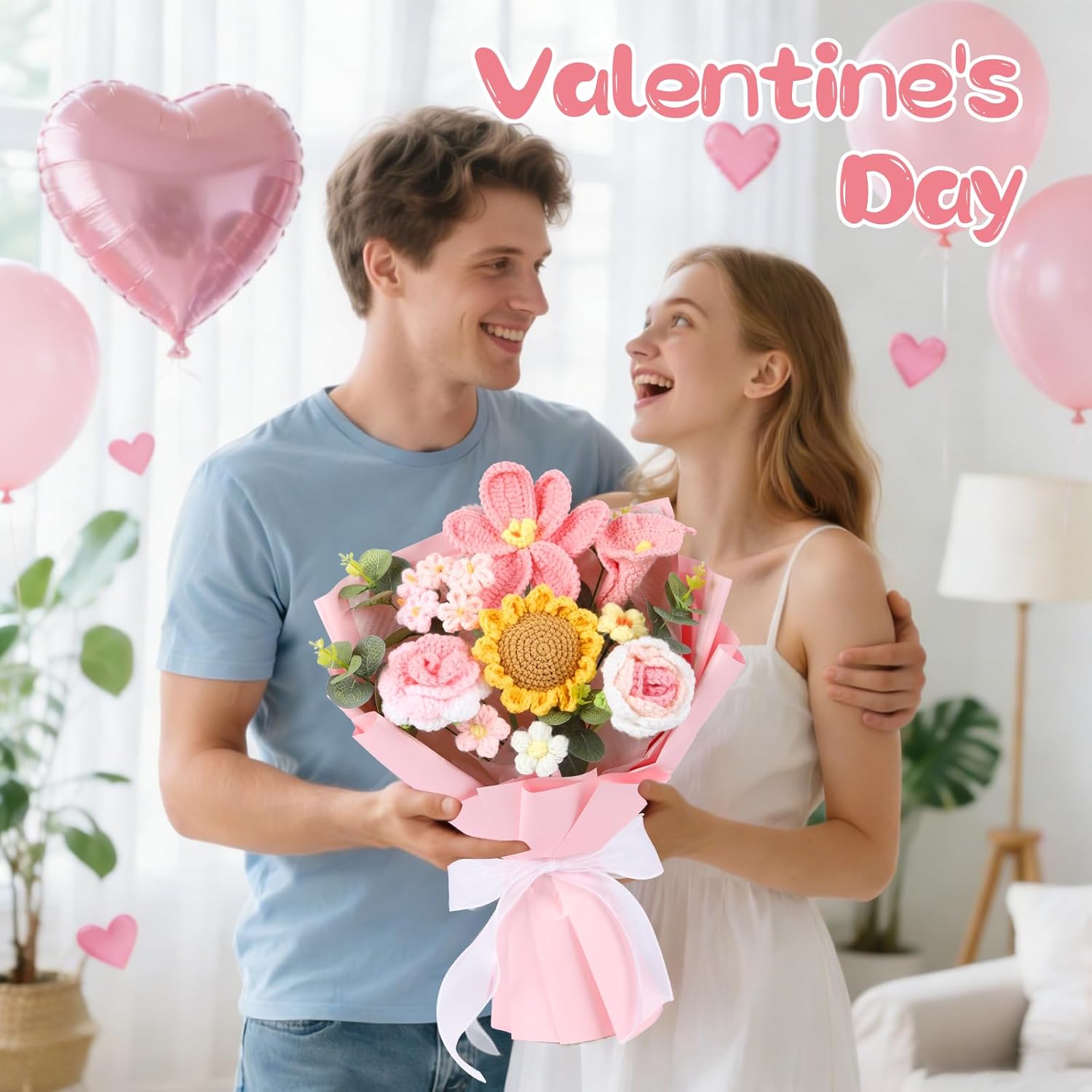 Crocheted Bouquet, Handmade Knitted Flowers，Tulips, Sunflowers Roses Crochet Flowers Suitable for Valentine's Day Teacher's Day Anniversary Birthday Parties Mother's Day Graduation Gifts (Pink)