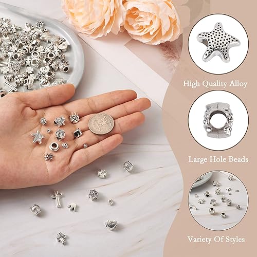 Miniatura 5 de Pandahall 200 cuentas espaciadoras de aleación de estilo tibetano mixto, surtidas de metal plateado antiguo, cuentas sueltas de cruz de corona de