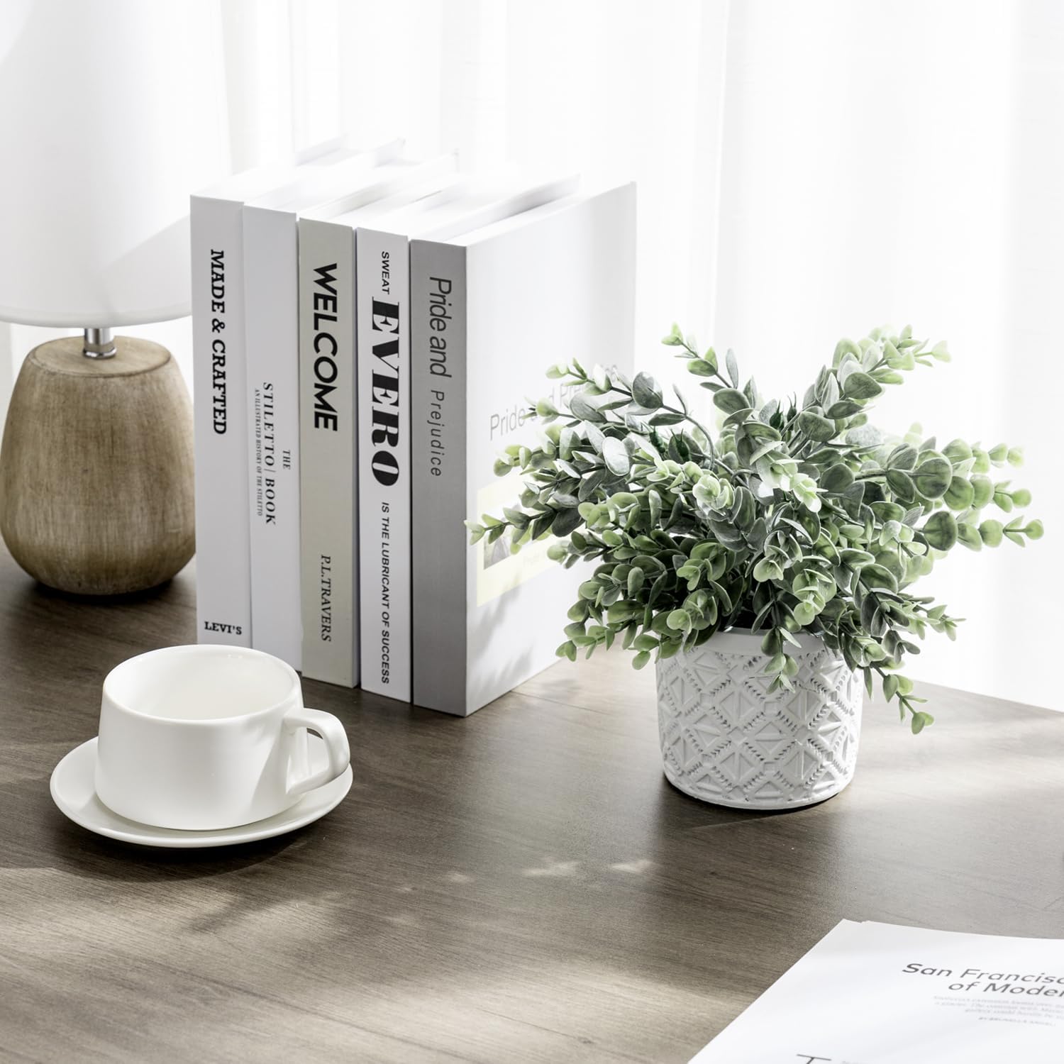 MyGift Artificial Eucalyptus Plant in Modern Gray Concrete Pots with Geometric Embossed Pattern (1, White) - Image 6