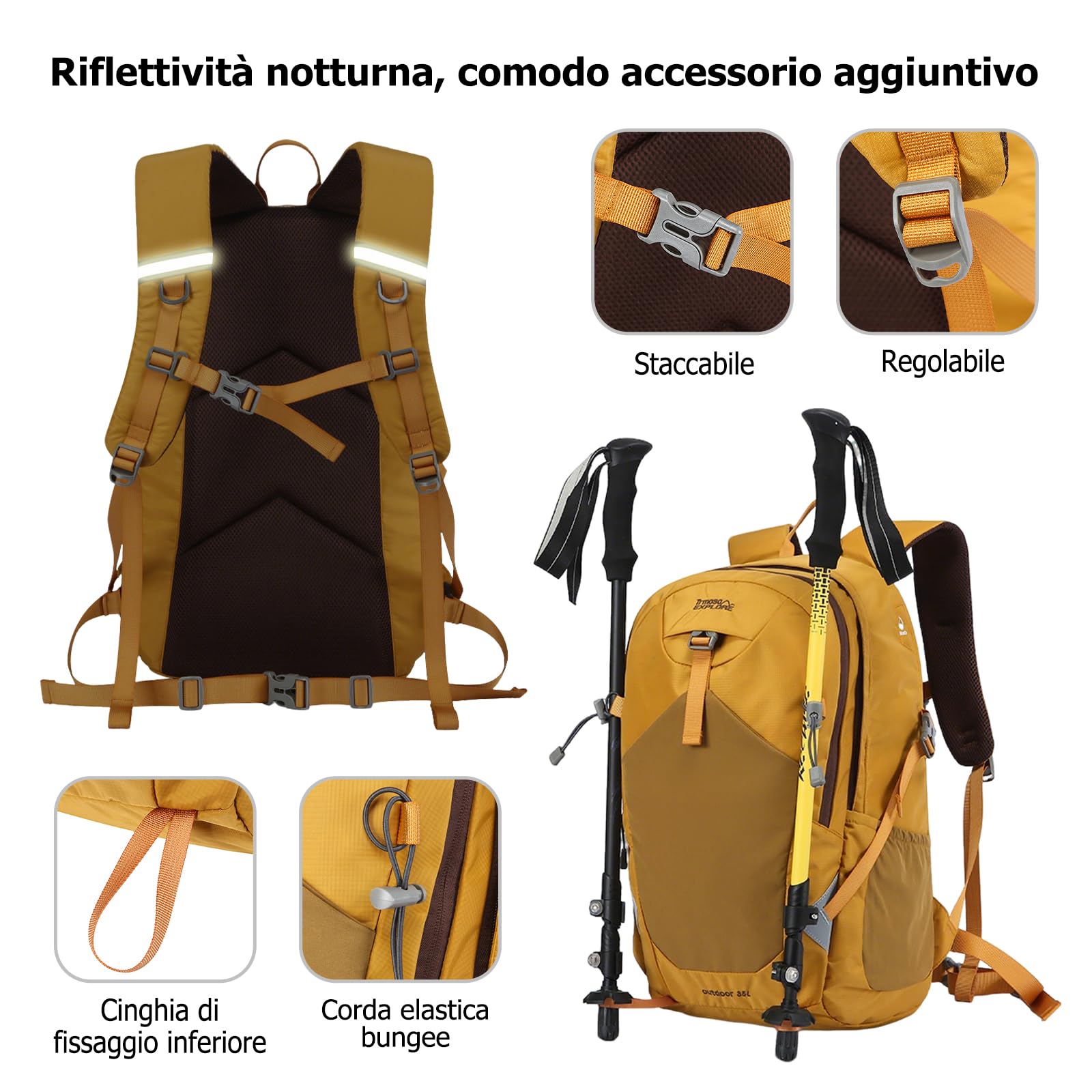 35L Zaino da Trekking Zaino Impermeabile Grande Zaini Leggero con Striscia Riflettente Hiking Nylon Backpack per Donna Uomo Campeggio Arrampicata Viaggio Sport Nero