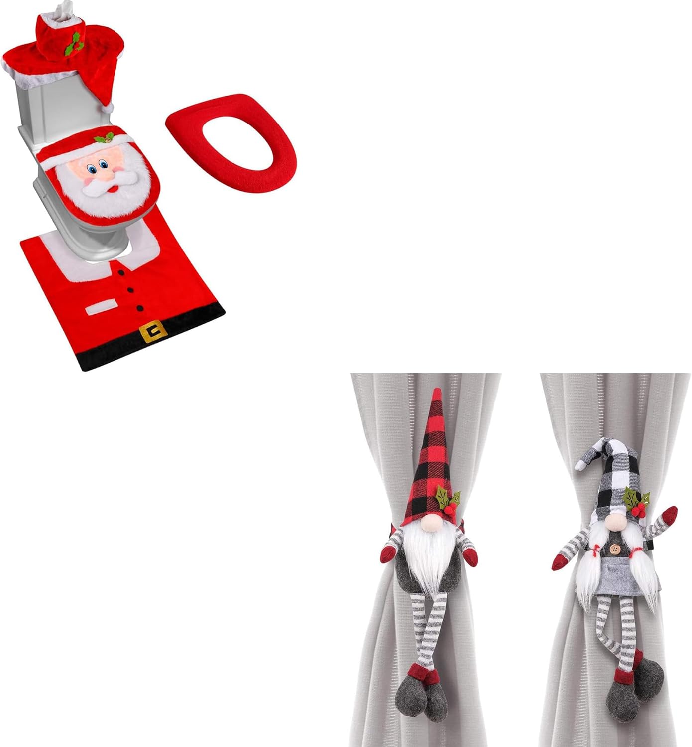 D-FantiX 3D Nose Santa Toilet Seat Cover and Rug Set & Mr and Mrs Gnome Christmas Curtain Tieback Buckle Set of 2