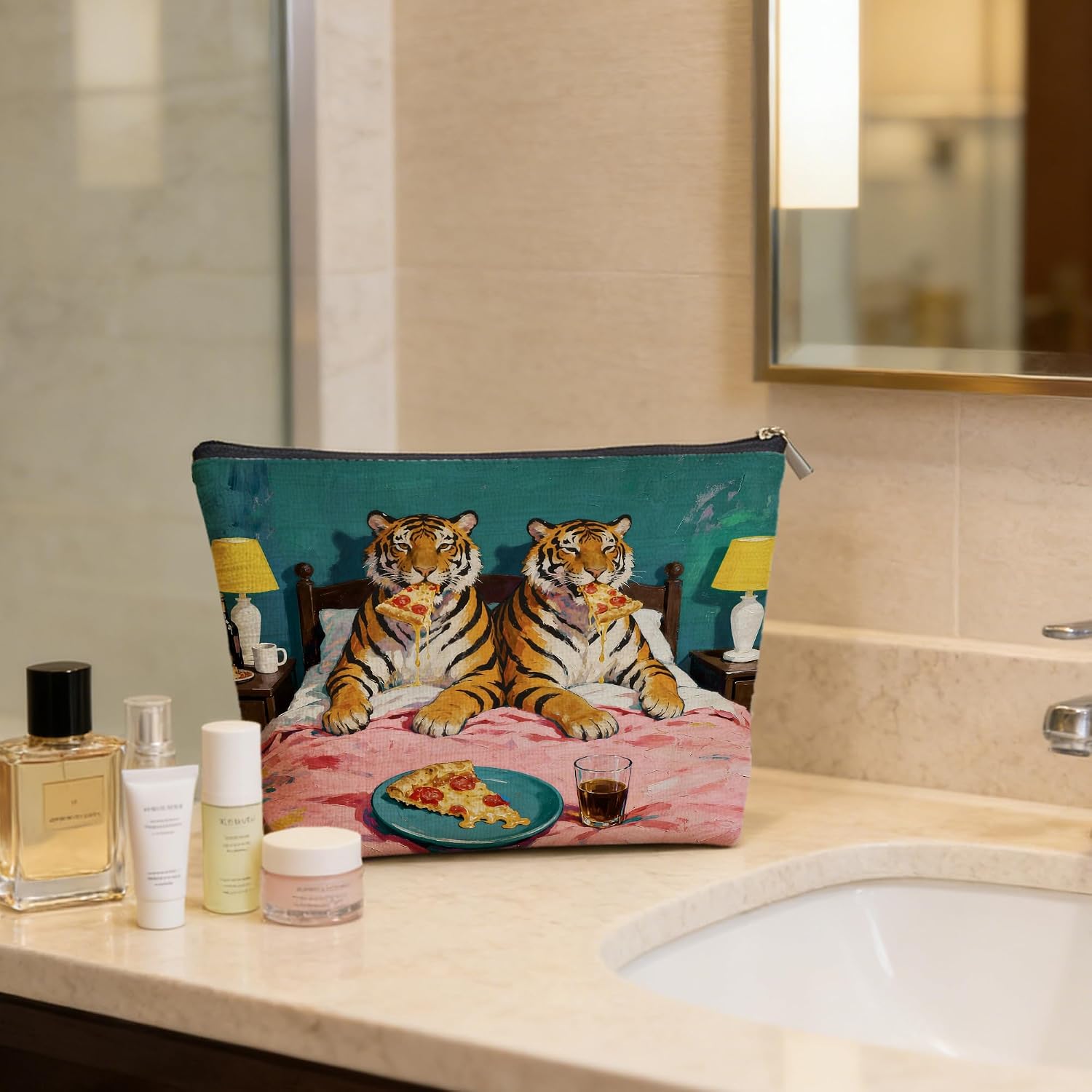 Whimsical Quirky Tiger Makeup Bag Canvas Zipper Pouch, Maximalist Eclectic Funny Jungle Animal Cosmetic Bag for Women Toiletry Travel Accessories image 4
