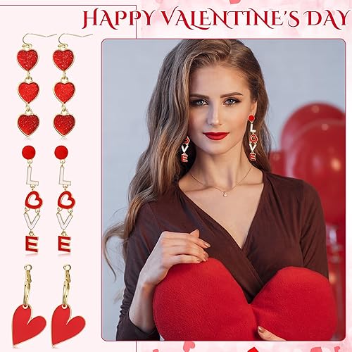 Miniatura 4 de 16 pares de aretes para el día de San Valentín, aretes colgantes rojos con diseño de corazón, aretes acrílicos de leopardo para mujeres y niñas,