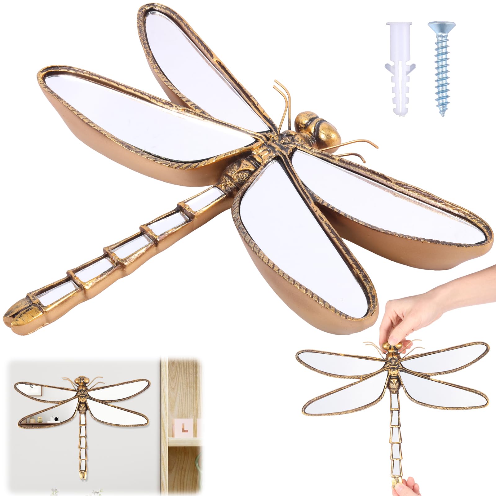 Ghshanog Dragonfly Decorative Insects Mirrors,Resin Insect Themed Wall Mirror, Gold Glass Wall Decor, Creative Home Decoration For Bedroom Tabletop Balcony Corridor Victorian And European Themed Homes(Dragonfly)