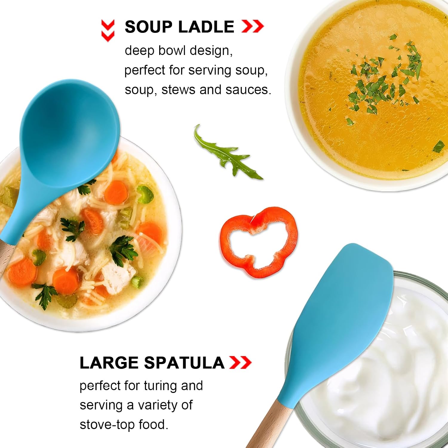Silicone Kitchen Cooking Utensils Set, 5-Piece Non-Stick Silicone Kitchen Utensils Spatula Serving Spoons Turner Ladle Set w Wooden Handle Heat Resistant Cooking Gadgets for Nonstick Cookware image 5