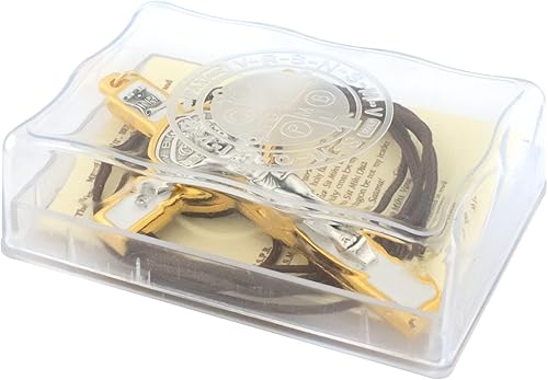 Miniatura 2 de Colgante de crucifijo de San Benito en tono dorado y blanco, incluye cordón para llevar, 3.25 pulgadas de alto, patrón de los estudiantes y Europa,