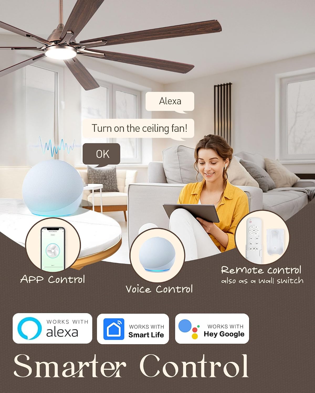 84 Inch Outdoor Ceiling Fans with Lights,Smart Ceiling Fan with Alexa APP Remote Control and 7 Bronze Blades,6 Speed,Dimmable,Slient DC Motor Large Indoor fan for Living Room,Bedroom