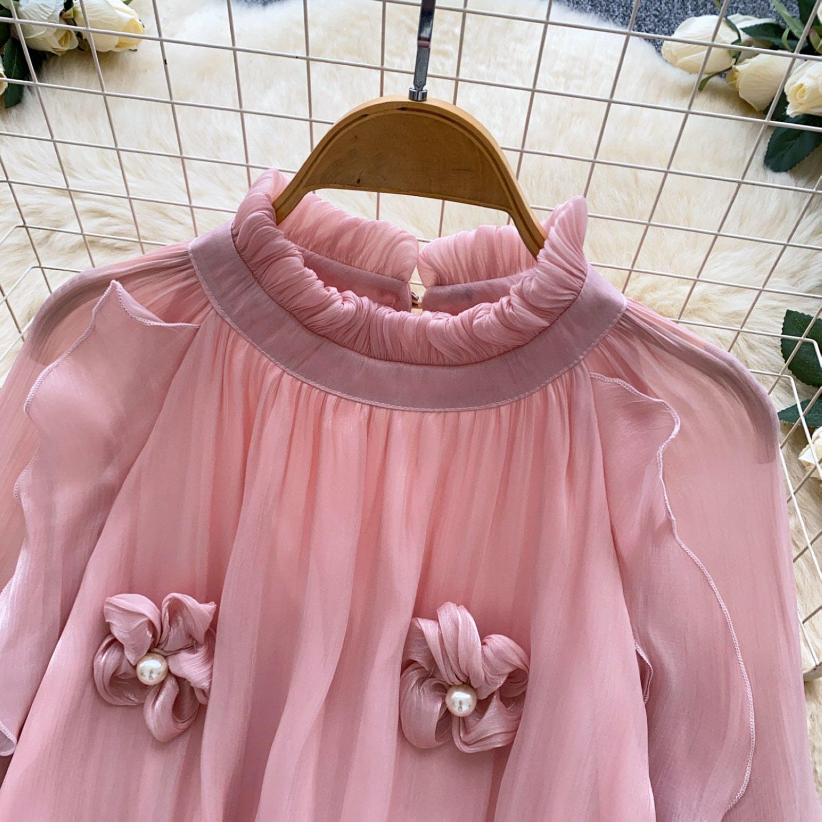 Camicia da donna con maniche a sbuffo, fiori 3D, collo arricciato, volant, blusa a vestibilità larga, pullover da ufficio e lavoro