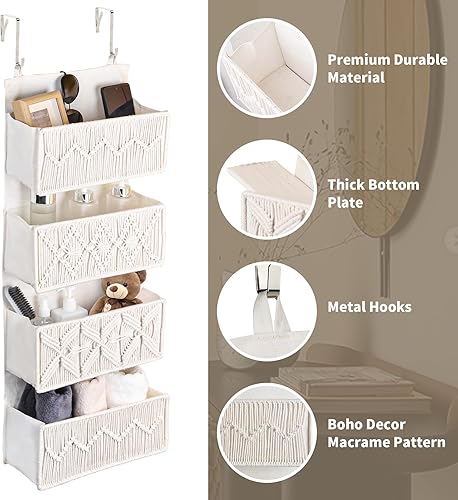 Miniatura 2 de Organizador de macramé para colgar sobre la puerta, con 4 bolsillos grandes tejidos, cesta colgante para baño, cuarto de bebé y puertas de armario,
