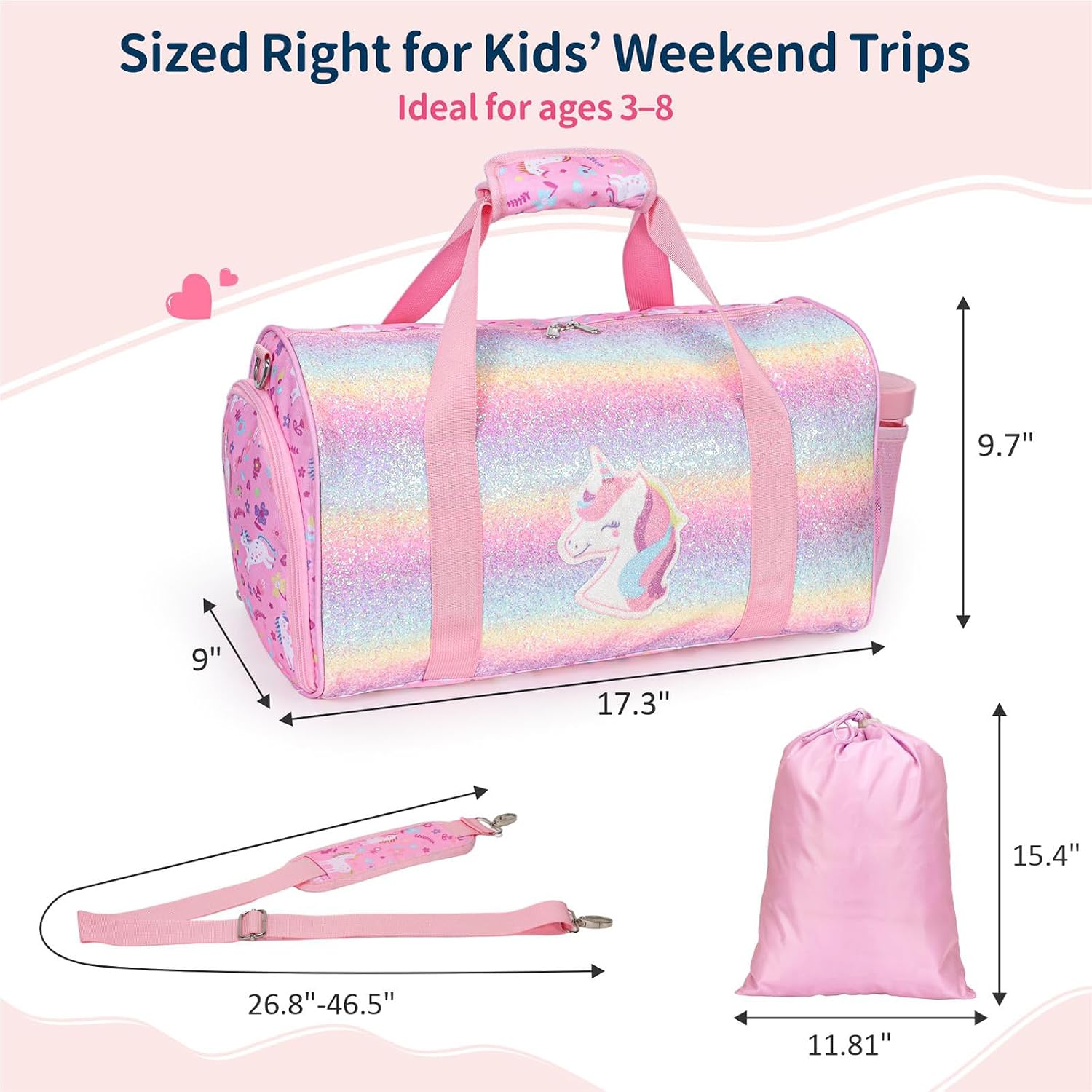Kids Travel Duffle Bag - Girls Weekender Bag for 3-8 Year Olds with Adjustable Padded Strap and Shoe Compartment & Wet Pocket for Dance Ballet Gymnastics Overnight Sports(Pink Unicorn)