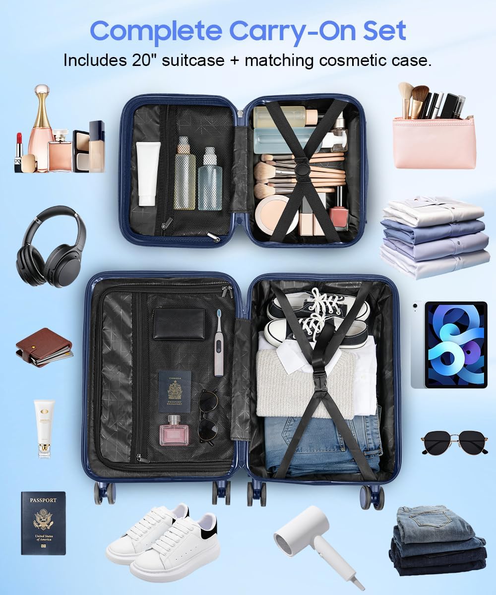 Hard Shell Luggage Set 4 Piece with Spinner Wheels, 20/24/28 Inch Suitcases with TSA Lock, 20in Carry On with Front Laptop Pocket & USB Port, Travel Suitcase Set with Cosmetic Case