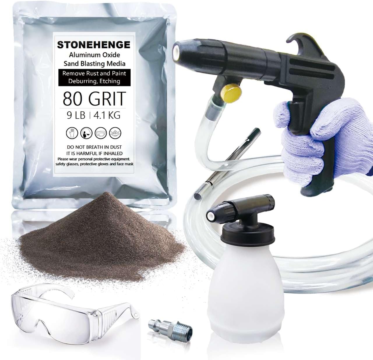 Sand Blaster Gun Kit and Premium #80 Grit Aluminum Oxide Blast Media - Professional Grade Sandblasting for Precision Finishing - 9 LBS/4.1kg Bag for Effective Metal Surface Preparation