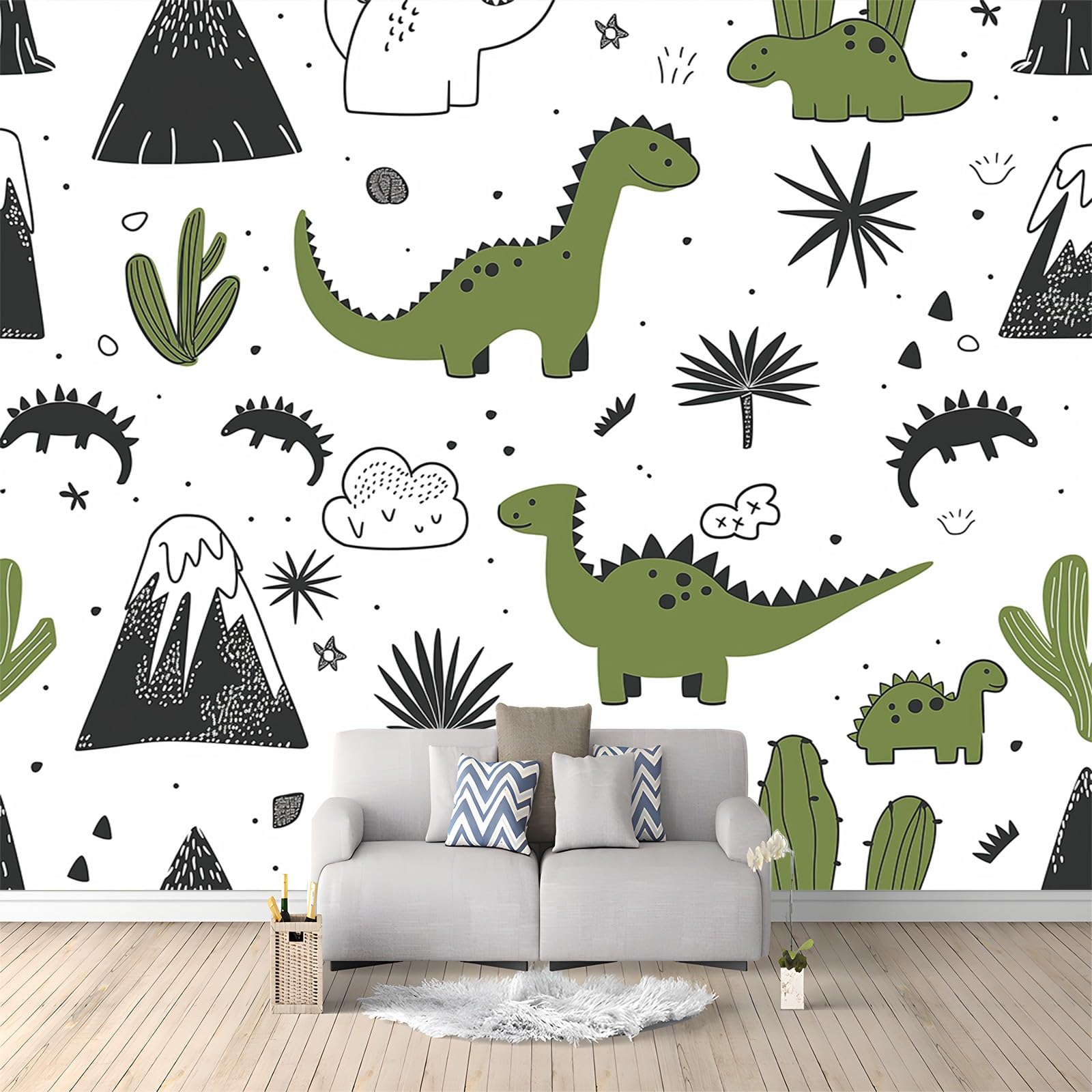 Tapety 250 x 175 cm tapeta z nadrukiem artystyczna tapeta z włókniny do różnych pomieszczeń uroczy dinozaur kreskówka roślina dekoracja ścienna salon sypialnia sypialnia zielony czarny