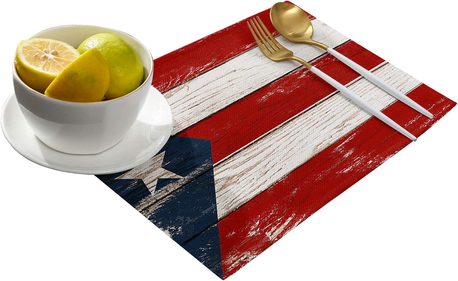 July 4th Placemats for Dining Table Puerto Rico Flag Independence Day Holiday Cotton and Linen Table Mats Star Red Stripes and Blue Patriot Retro Wood Resistant Heat Non-Slip Tablemats, Set of 4