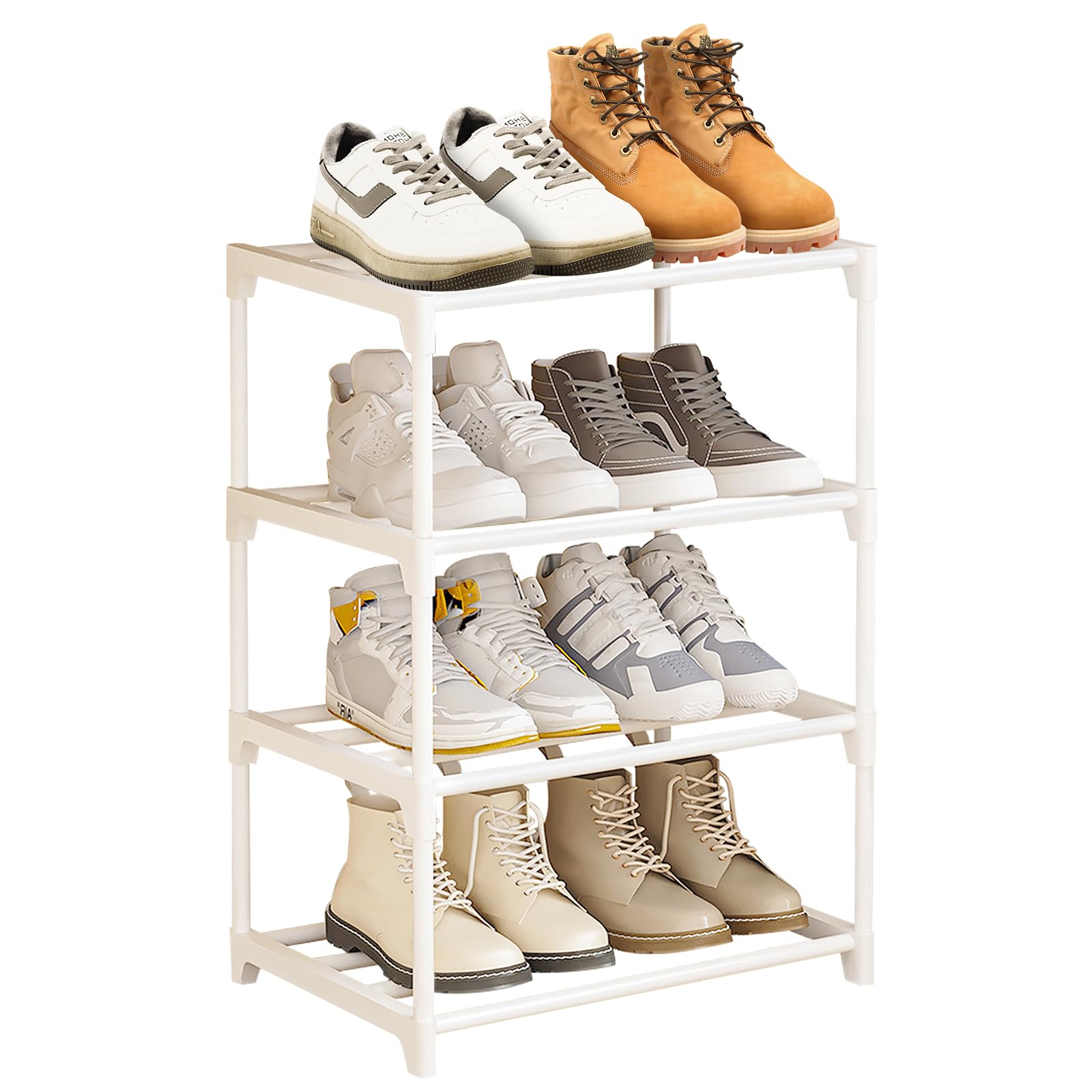 NIAWECAN Small Shoe Rack White, 4 Tier Shoe Racks, Metal Shoe Racks Slim, Stackable Shoe Stand, Narrow Shoe Organiser Storage Shelf for Closet, Entryway, Hallway, Bedroom, Quick Assembly