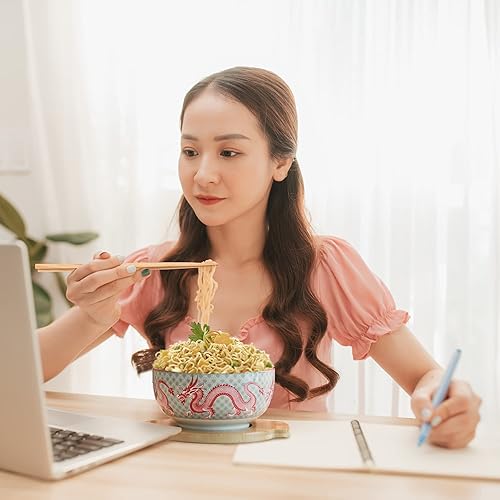 Miniatura 7 de XWORLD Juego de cuencos de cerámica japonesa para fideos ramen con cuchara de cerámica, palillos de bambú, tapa y salvamanteles, capacidad de
