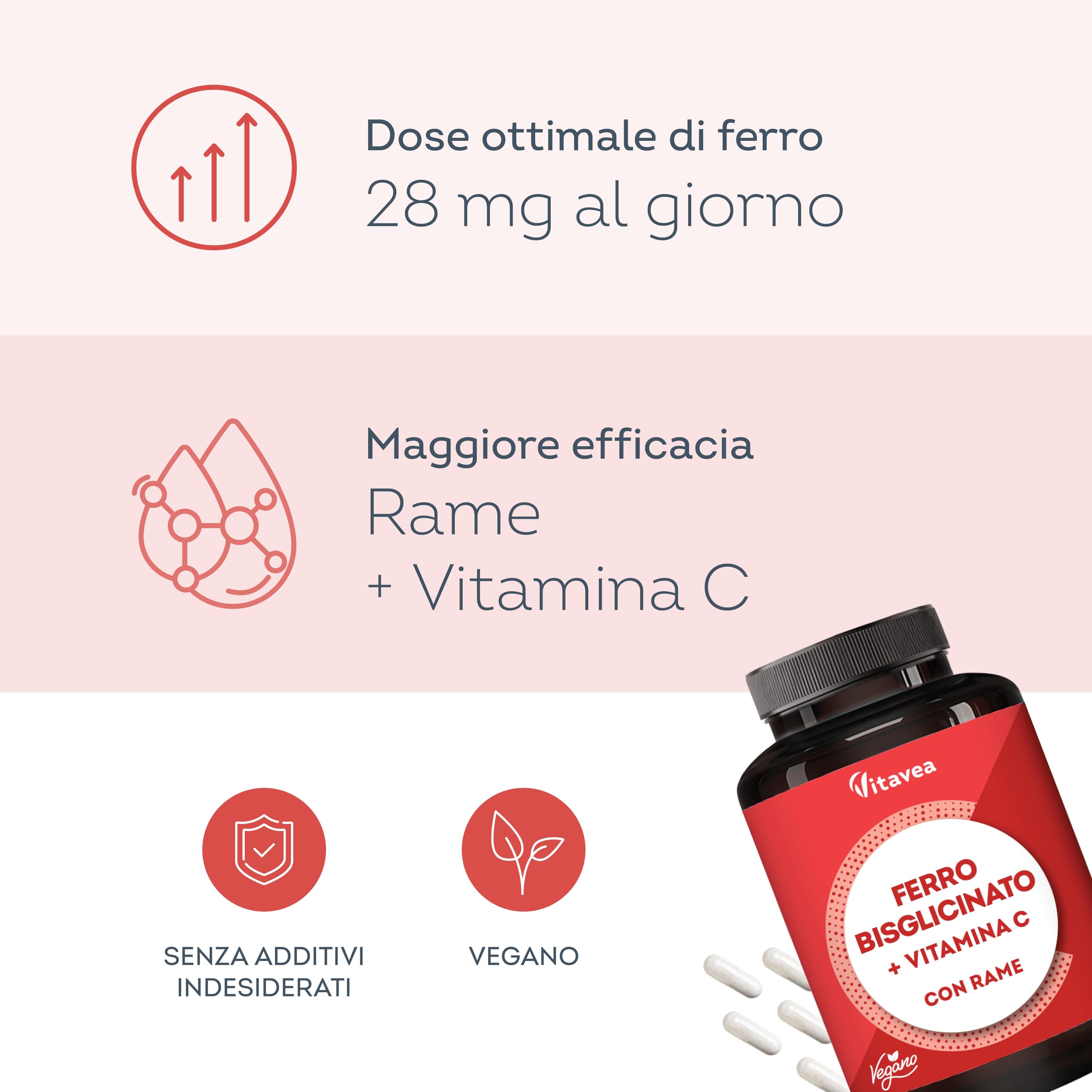 Ferro con Vitamina C - Alta Biodisponibilità (Ferro Bisglicinato Chelato) - Per Energia e Sistema Immunitario - Vegano, Senza Additivi - 180 Capsule - Vitavea