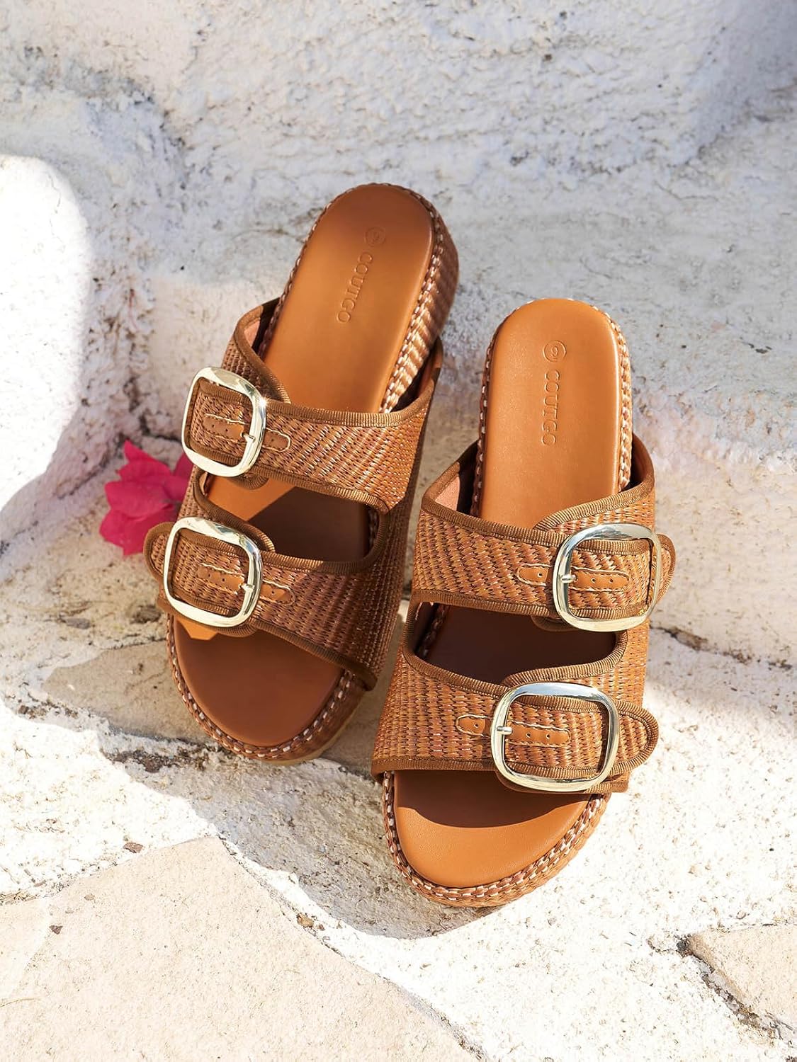 Coutgo Womens Platform Sandals Raffia Espadrilles Two Band Open Toe Slip On Slides Beach Vacation Shoes - Image 4