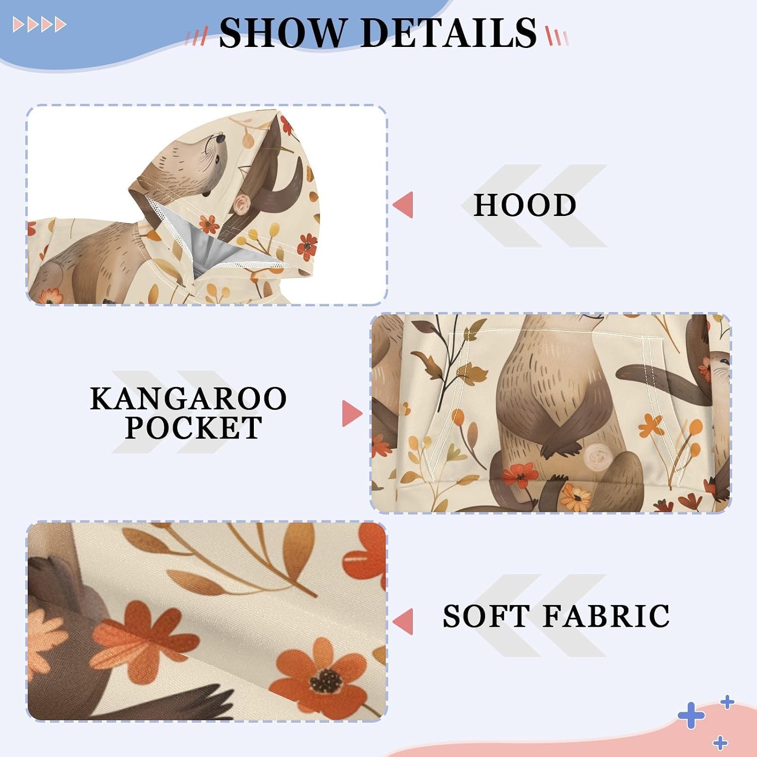 ZZXXB Otter Florals Kids Sweatshirts Boys Girls Hooded Kangaroo Pocket Pullover Tops XS-XXL
