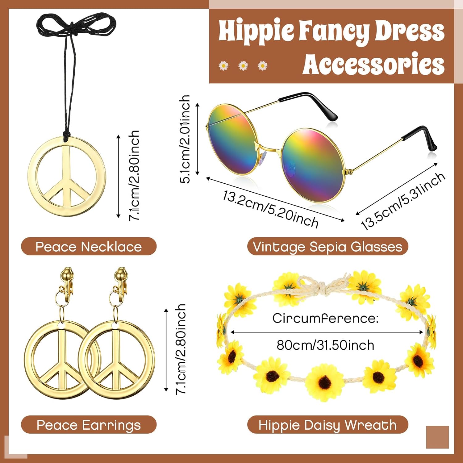Hicarer 6 Pcs Hippie Costume Accessories Set Includes Headband Poncho Necklace Earrings Sunglasses for Women Girls - Image 2