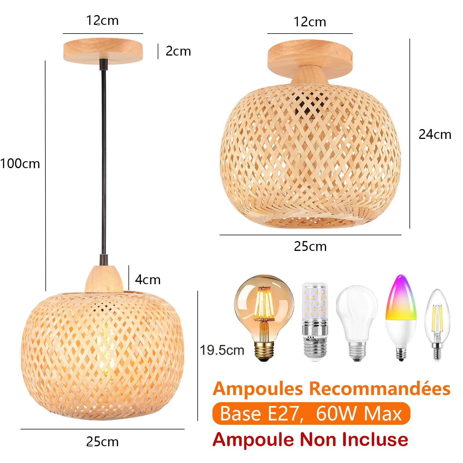 2 Stücke Deckenleuchte Bambus Weben Kronleuchter Rattan Boho Style Bambus Lampenschirm Vintage Deckenlampe Deko Deckenleuchte für Restaurant Wohnzimmer Küche, Ø25cm