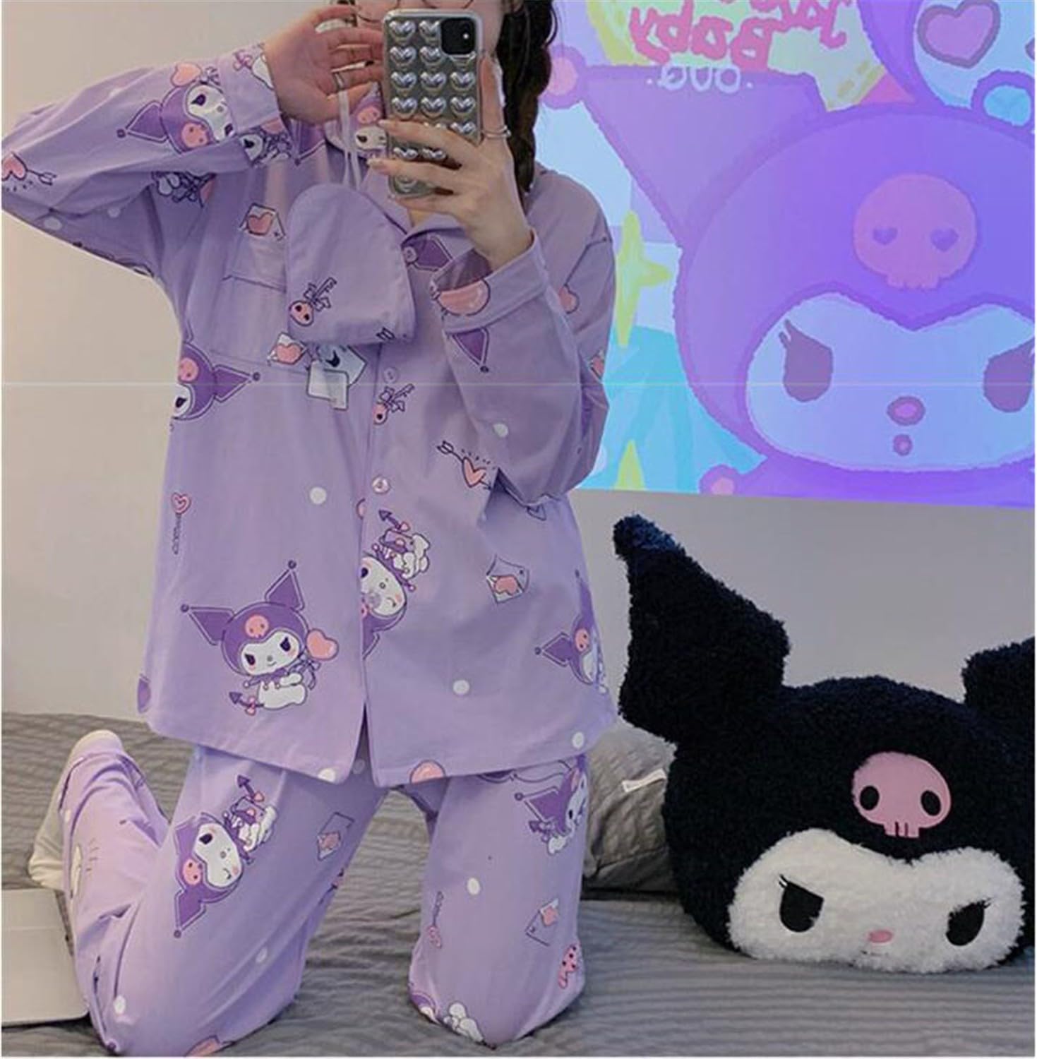 Kawaii Cartoon Pijama Mujer Niña Camiseta de Manga Larga y Pantalón Largo Conjunto 2 Piezas Ropa de Domir para Primavera Verano Morado/1 M