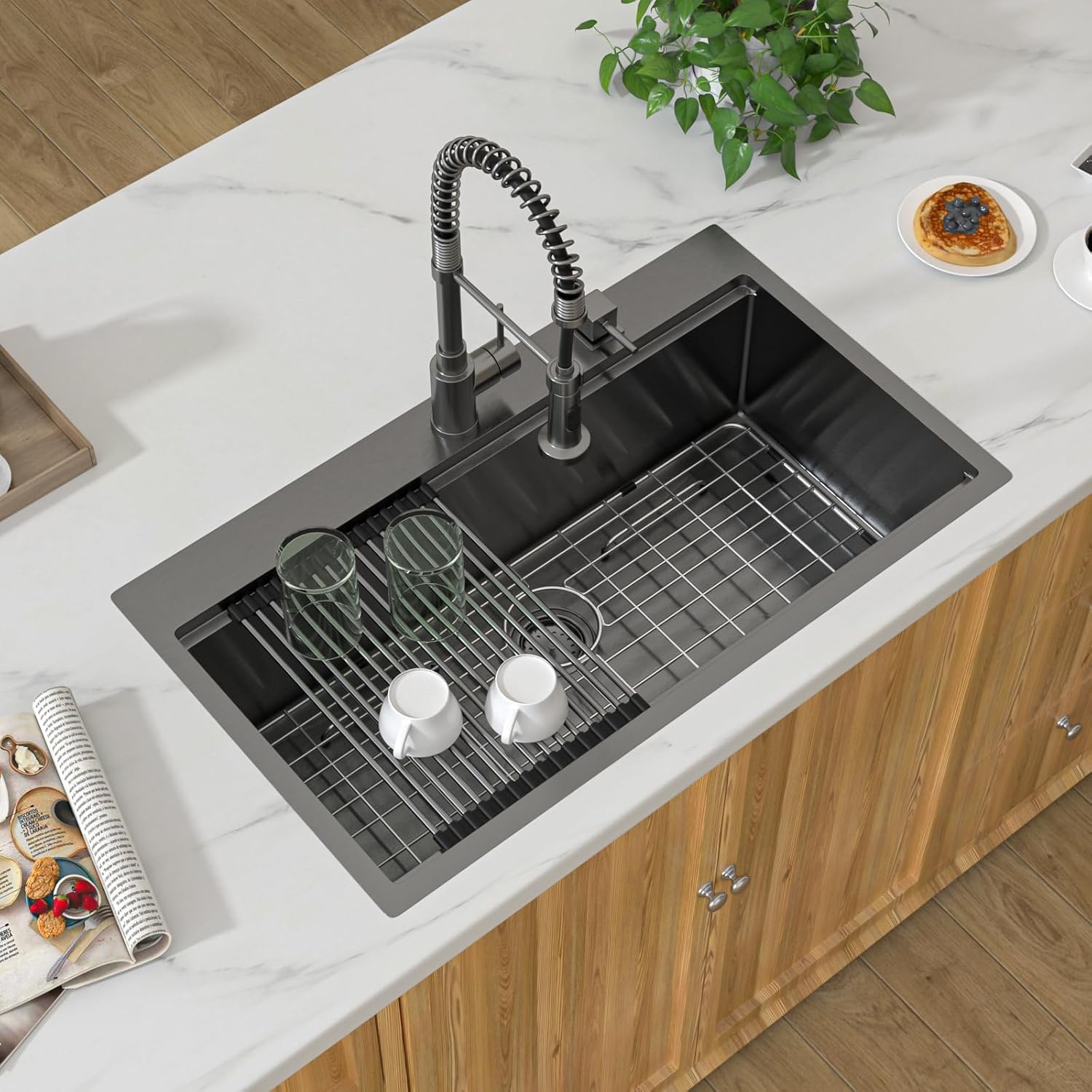 36 Black Kitchen Sink Drop In - Donsdey 36x22 Inch Kitchen Sink Ledge Workstation Gunmetal Black NANO-PVD Drop In Topmount 16 Gauge Stainless Steel Single Bowl Over Mount Sink Basin