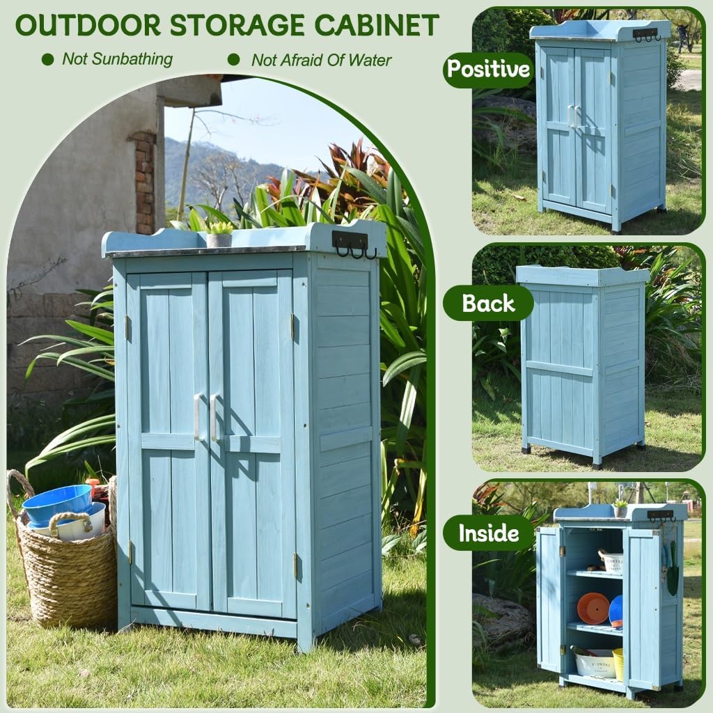 Garden Potting Bench Table - Outdoor Garden Patio Wooden Storage Cabinet & Planting Work Bench with Large Space Storage & Galvanized Desktop(Blue)