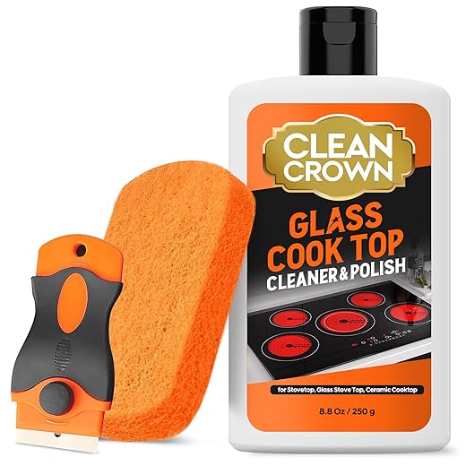 Cooktop Cleaner Kit (8.8 Oz), Glass Stovetop Cleaner for Electric Glass Top Stoves, Ceramic Cooktops & Fireplace Glass, Remove Burned on Food, Grease & Grime, with Scrubbing Pad & Scraper