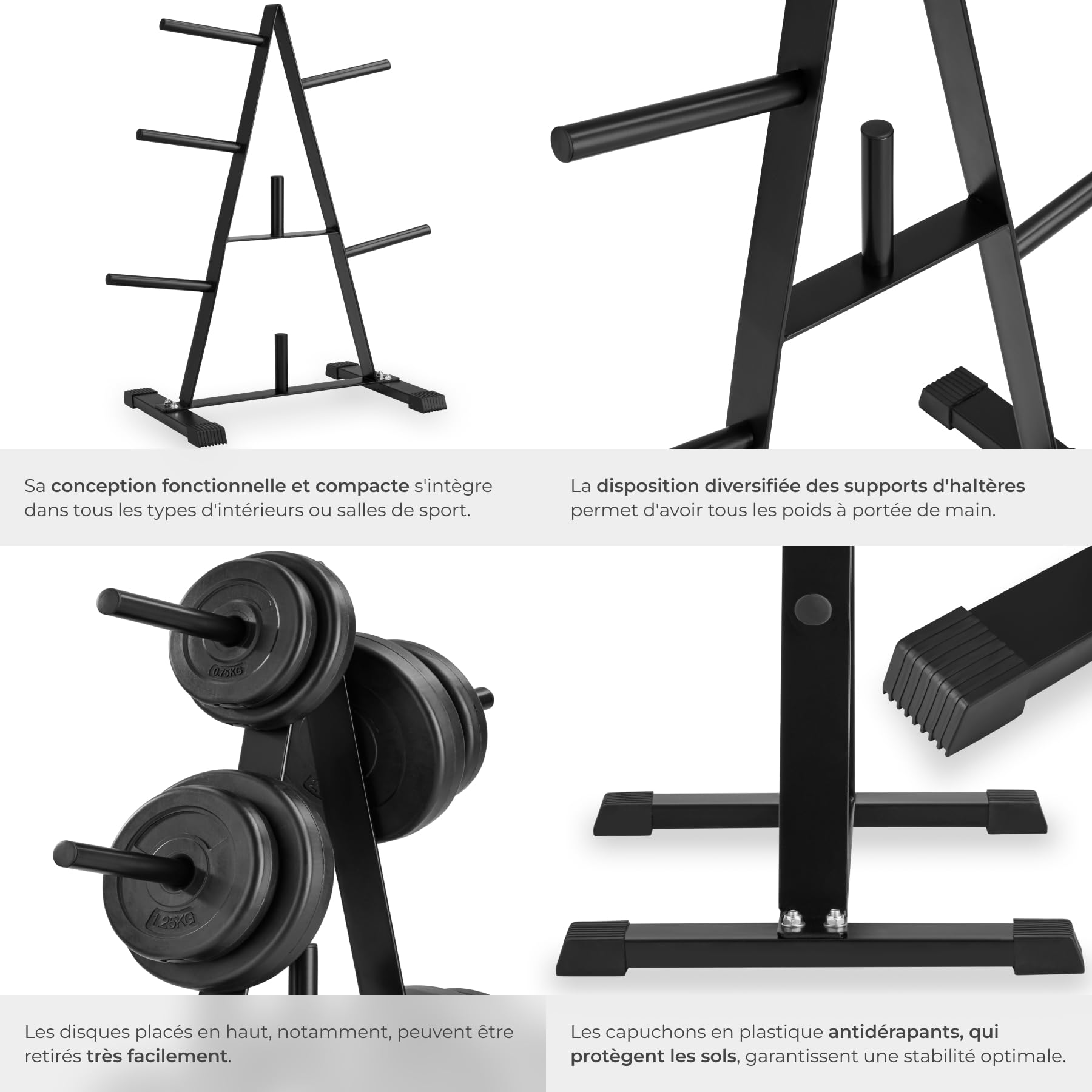 tectake® Rangement poids musculation, 67 x 38,5 x 91 cm, 7 Branches pour disque musculation, Grande capacité et bonne stabilité, Rack en acier, Embouts protection sol, Home gym, Salle de sport