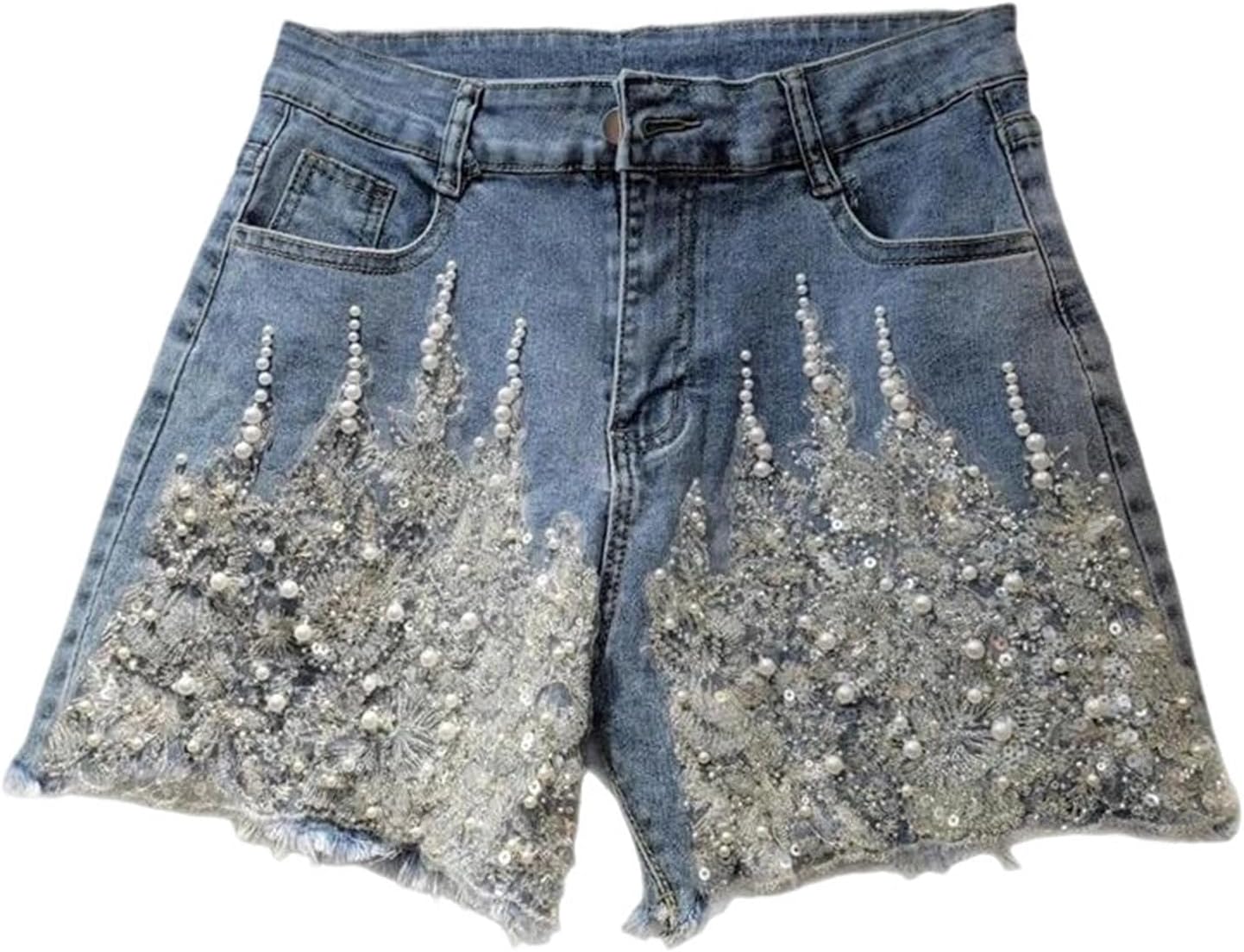 Women High Waist Denim Shorts Fashion Frayed Hem Beaded Pearl Embroidered Jean Short