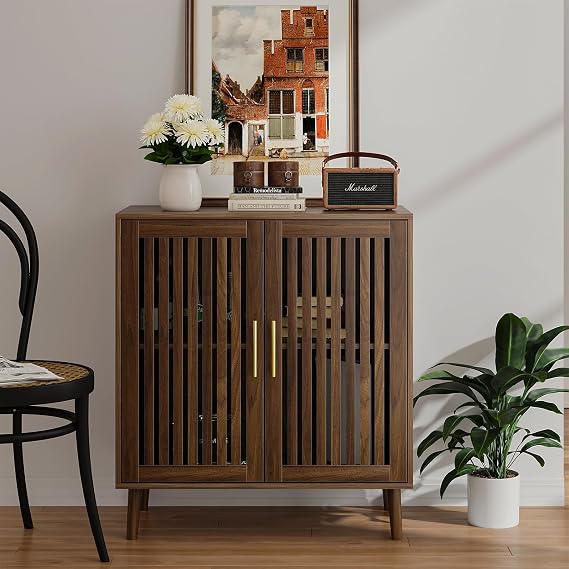 Buffet Cabinet with Storage Walnut Sideboard with Grille Doors&Adjustable Shelf, Wood Coffee Bar Storage Cabinet for Kitchen Living Room Entryway (31.5 Inch)