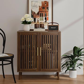 Buffet Cabinet with Storage Walnut Sideboard with Grille Doors&Adjustable Shelf, Wood Coffee Bar Storage Cabinet for Kitchen Living Room Entryway (31.5 Inch)