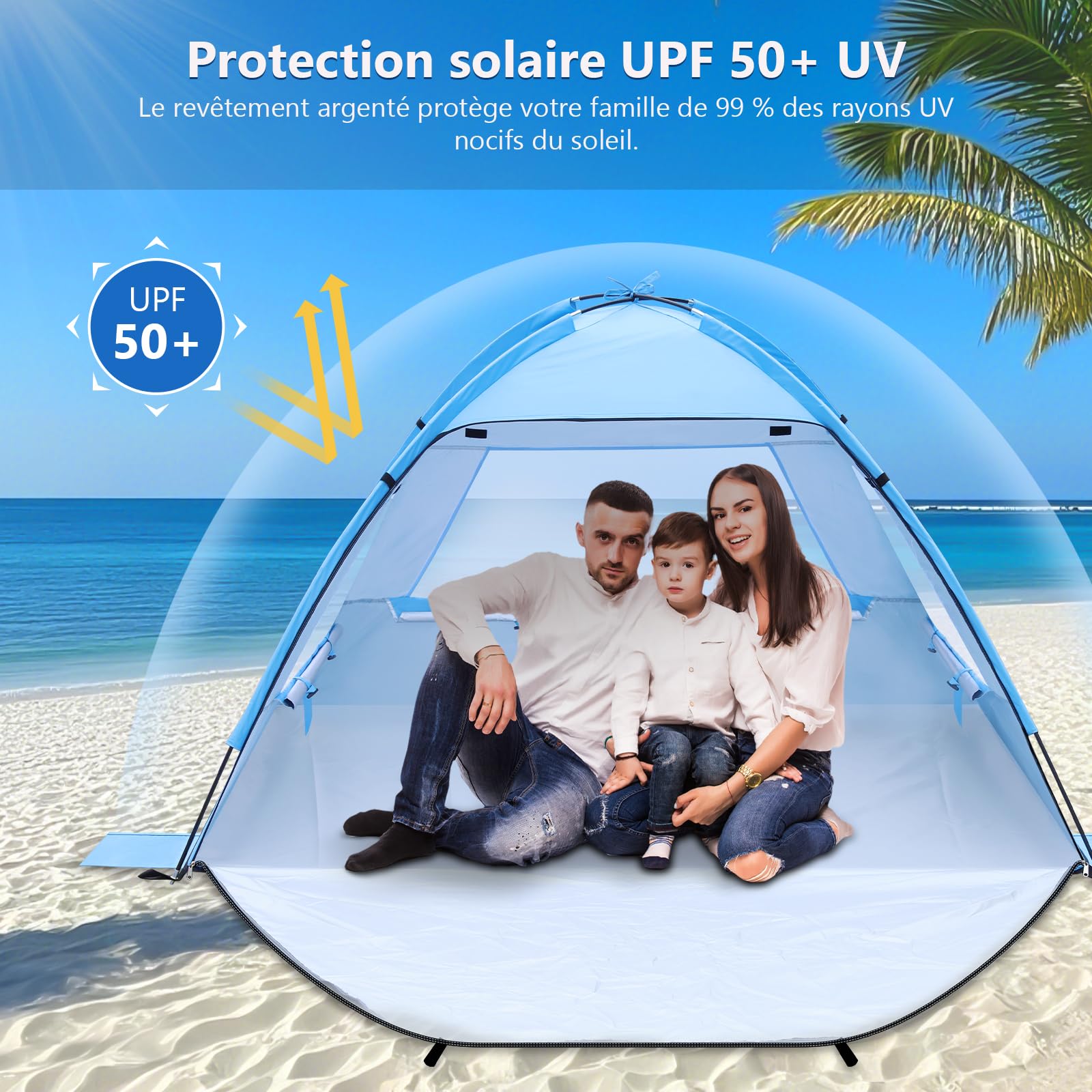 Tente de Plage Anti-UV 50+ Portable pour Bébé et Adulte - Abri de Plage Coupe-Vent (Bleu Lac, 185x120x110cm)