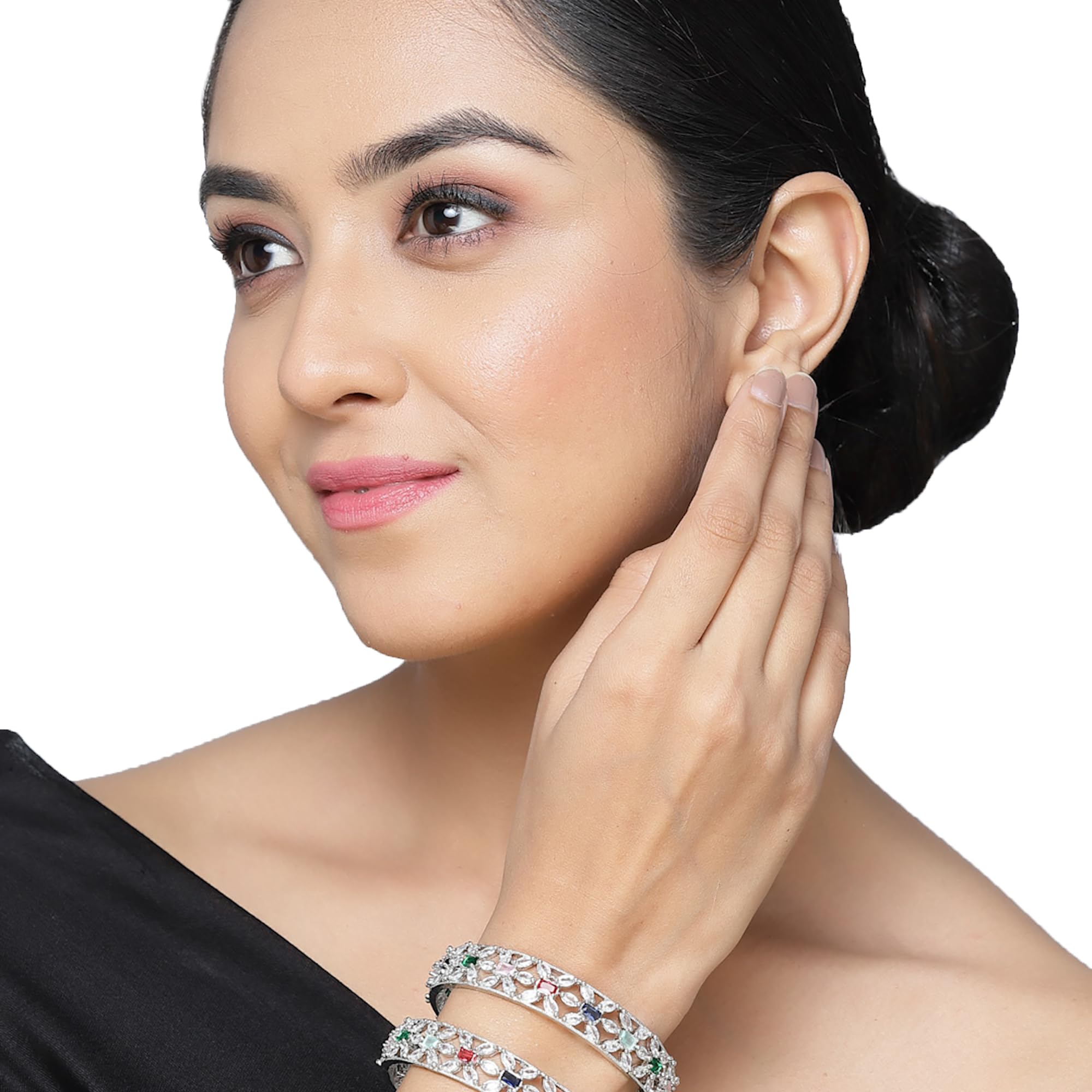 Rhodium-Plated Silver Toned American Diamond Bangle Set