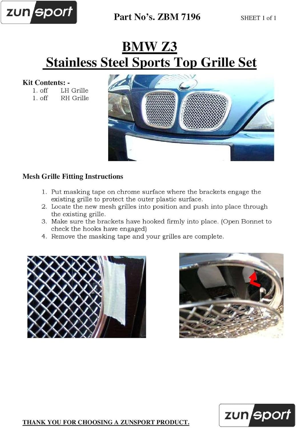 Zunsport Compatible With BMW Z3 Top Grill Set - Silver finish (1996 to 2002)