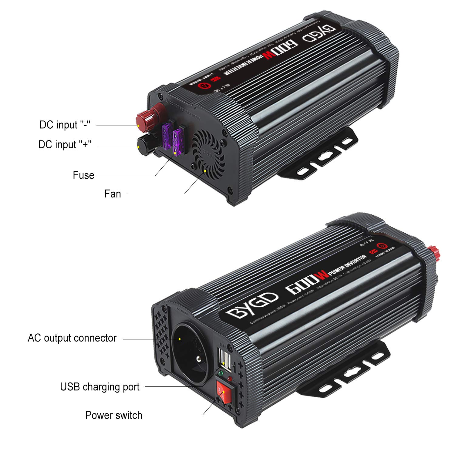 BYGD 600W Convertisseur 12v 220v, Convertisseur Allume Cigare Prise Electrique transformateur 12v 220v avec 1 Prise française et 2 Ports USB.
