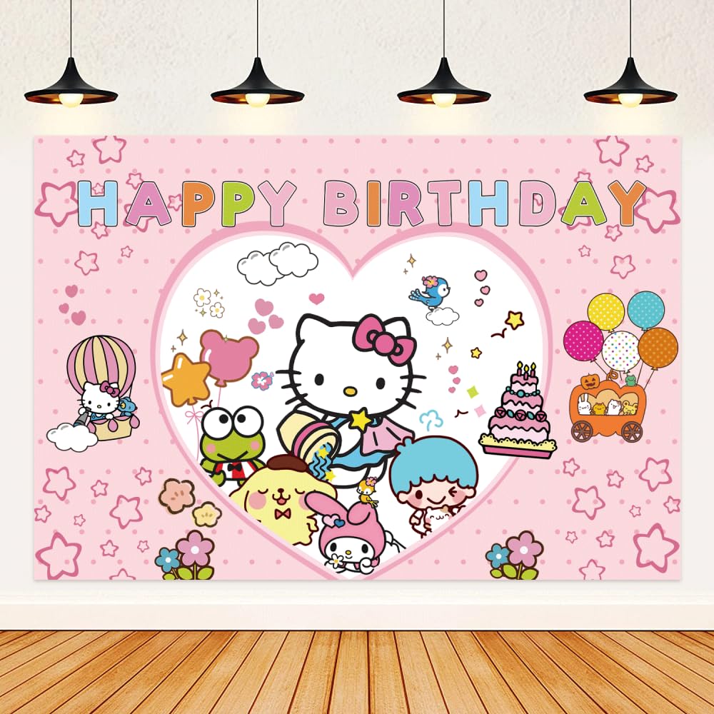 Pink Hello Kitty Theme Backdrop Photograph Background Grils Boys Birthday Party Supplies, Room Decoration