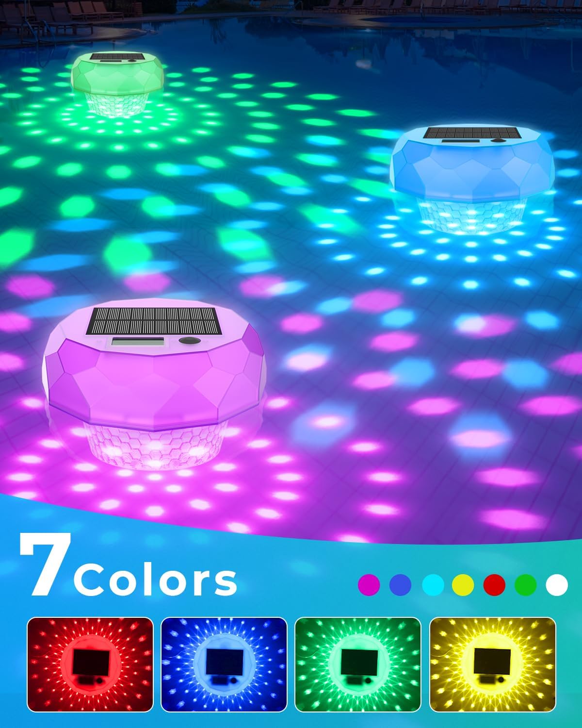 Floating pool lights displaying 7 different colors