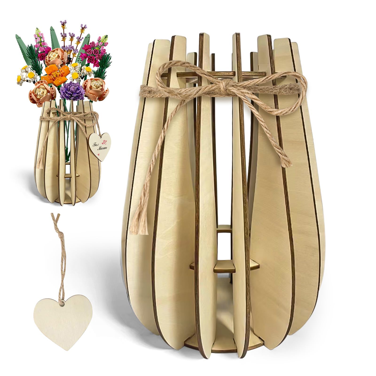 FloralGrace 1 jarrón con forma de corazón para flores Lego, rompecabezas de madera, jarrón para ramo de Lego, jarrón para Lego rosas, girasoles, tulipanes y orquídeas